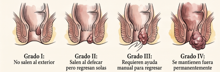 Grados I, II, III y IV de hemorroides internas: clasificación según severidad y prolapso