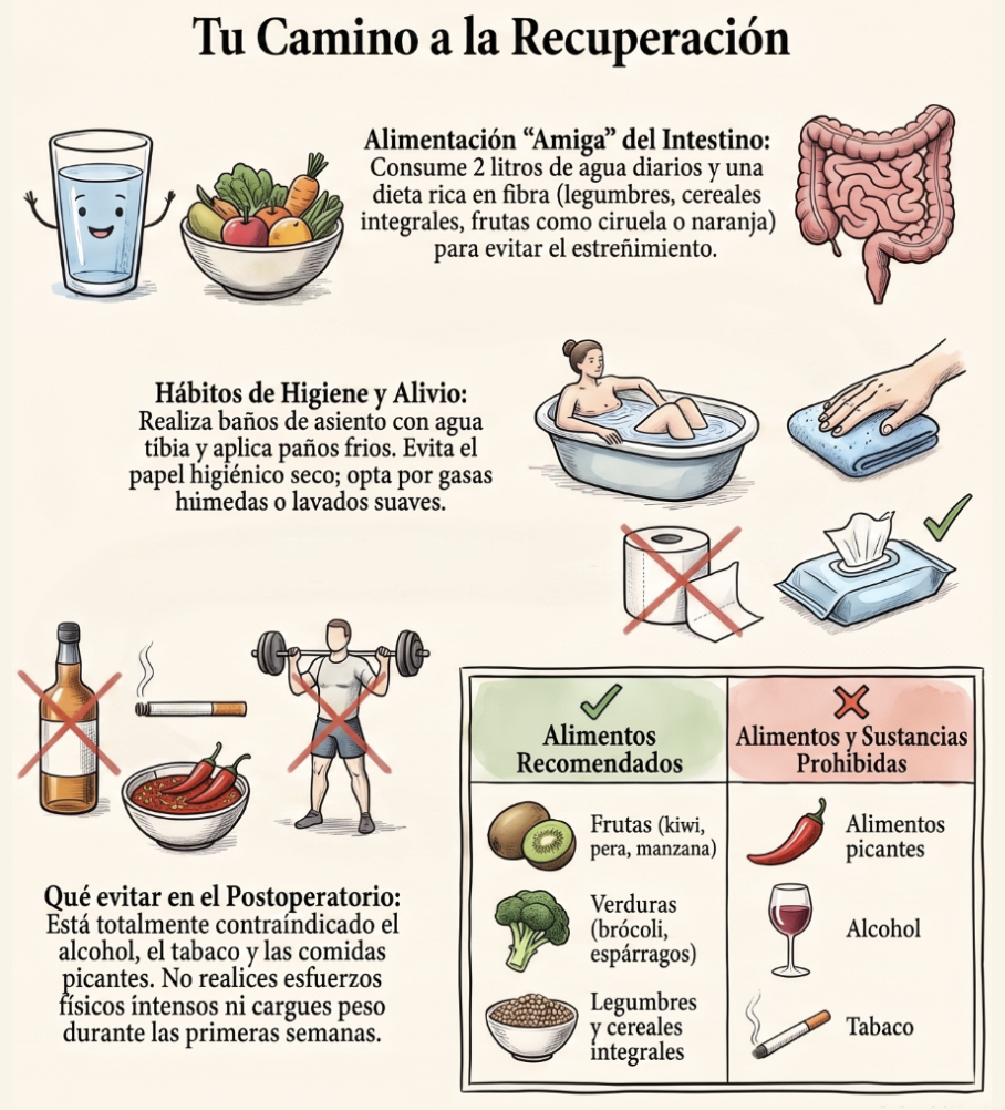 Recuperación tras cirugía de hemorroides y ligadura con banda elástica: dieta y cuidados
