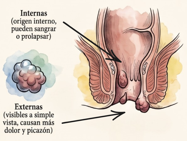 Tipos de hemorroides: internas dentro del canal anal y externas bajo la piel del ano