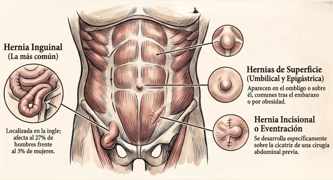Tipos de hernia abdominal: hernia inguinal la más común afecta al 27% de hombres, hernia umbilical y epigástrica comunes tras embarazo u obesidad, y hernia incisional o eventración sobre cicatriz de cirugía previa