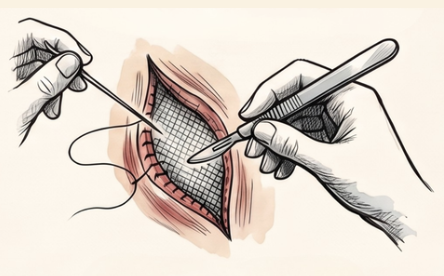 Colocación de malla quirúrgica para reparar hernia abdominal mediante sutura